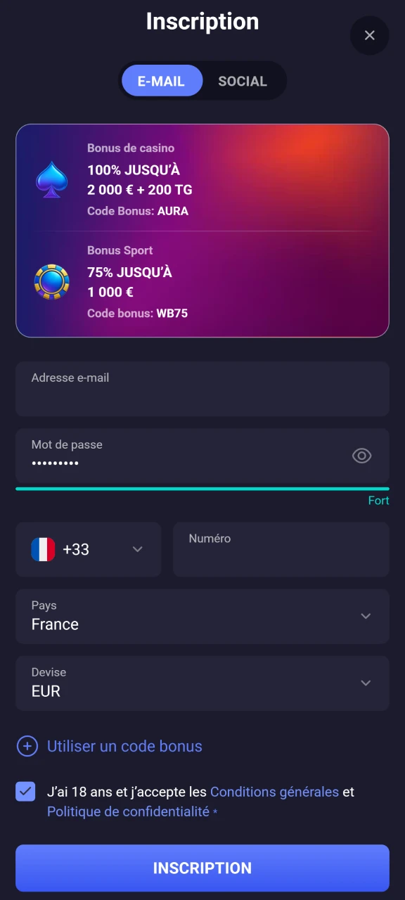 Créez votre compte pour commencer à jouer à Chicken Road et recevoir un bonus.